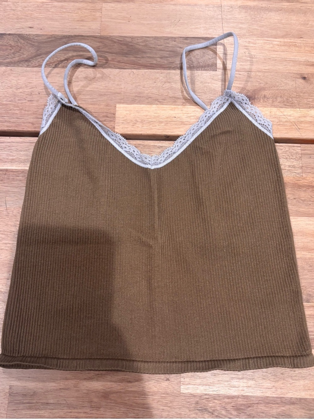Urban Outfitters Olive Ribbed Lace-Trim Cami with Light Gray Lace SZ S.